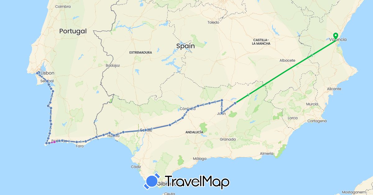TravelMap itinerary: driving, bus, cycling, train in Spain, Portugal (Europe)